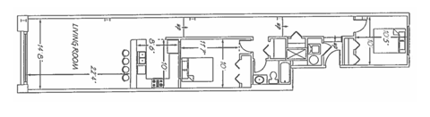 Floor plan for 2 beds, 1 bath, 1070 sqft